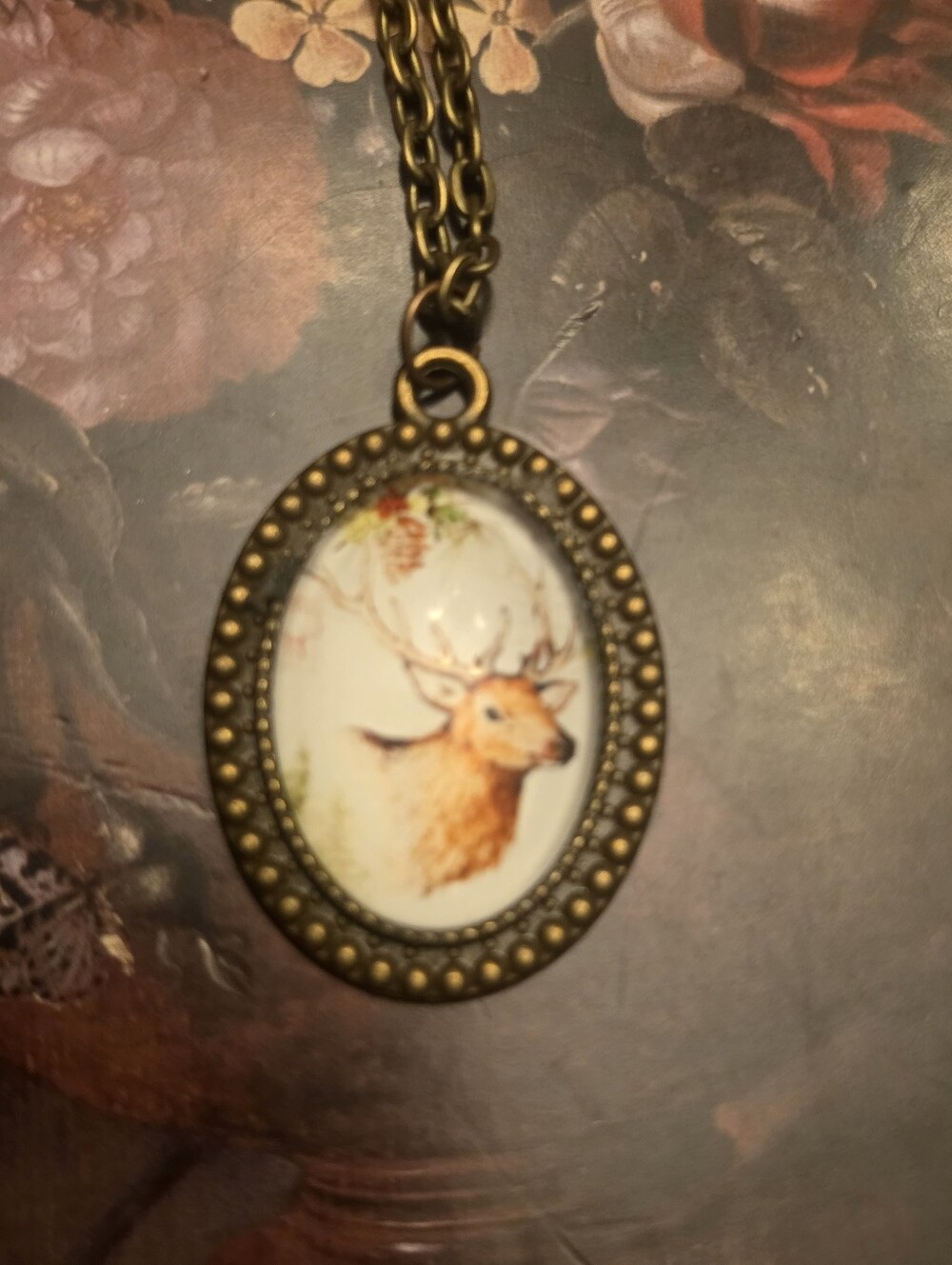 Deer Glass Cabochon In Bronze Tone Frame W Chain Necklace